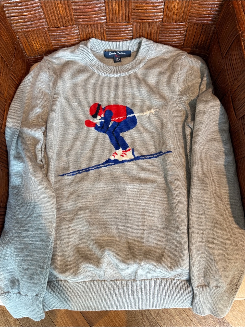 Brooks Brothers Light Gray Crewneck Sweater with Red & Blue Skier Motif